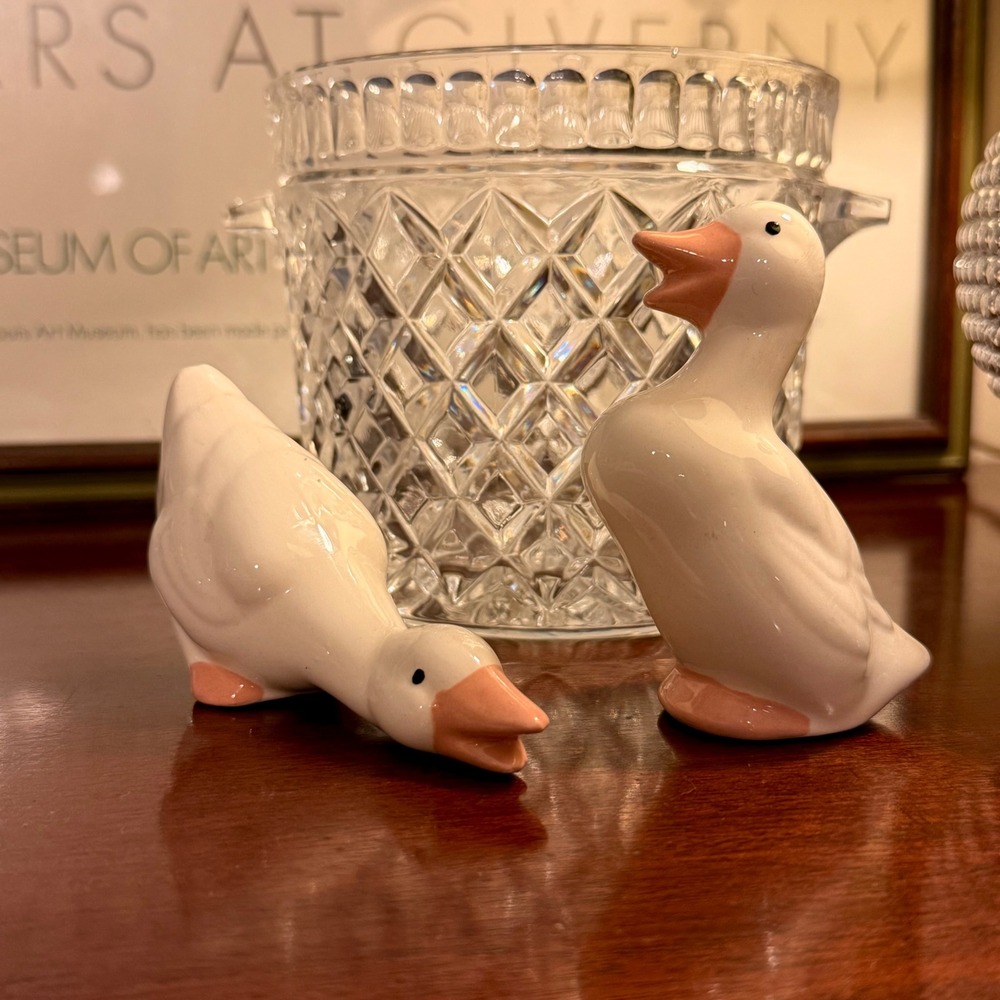 Vintage Ceramic Duck Figurines Pair White Orange Good Farmhouse Cottagecore